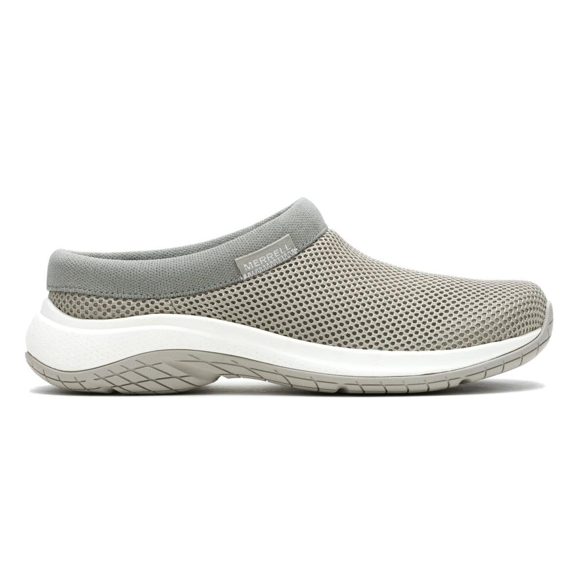 A light gray slip-on mesh clog with a white and gray sole, labeled Merrell on the side. The shoe has a breathable upper and a cushioned heel, photographed against a white background.