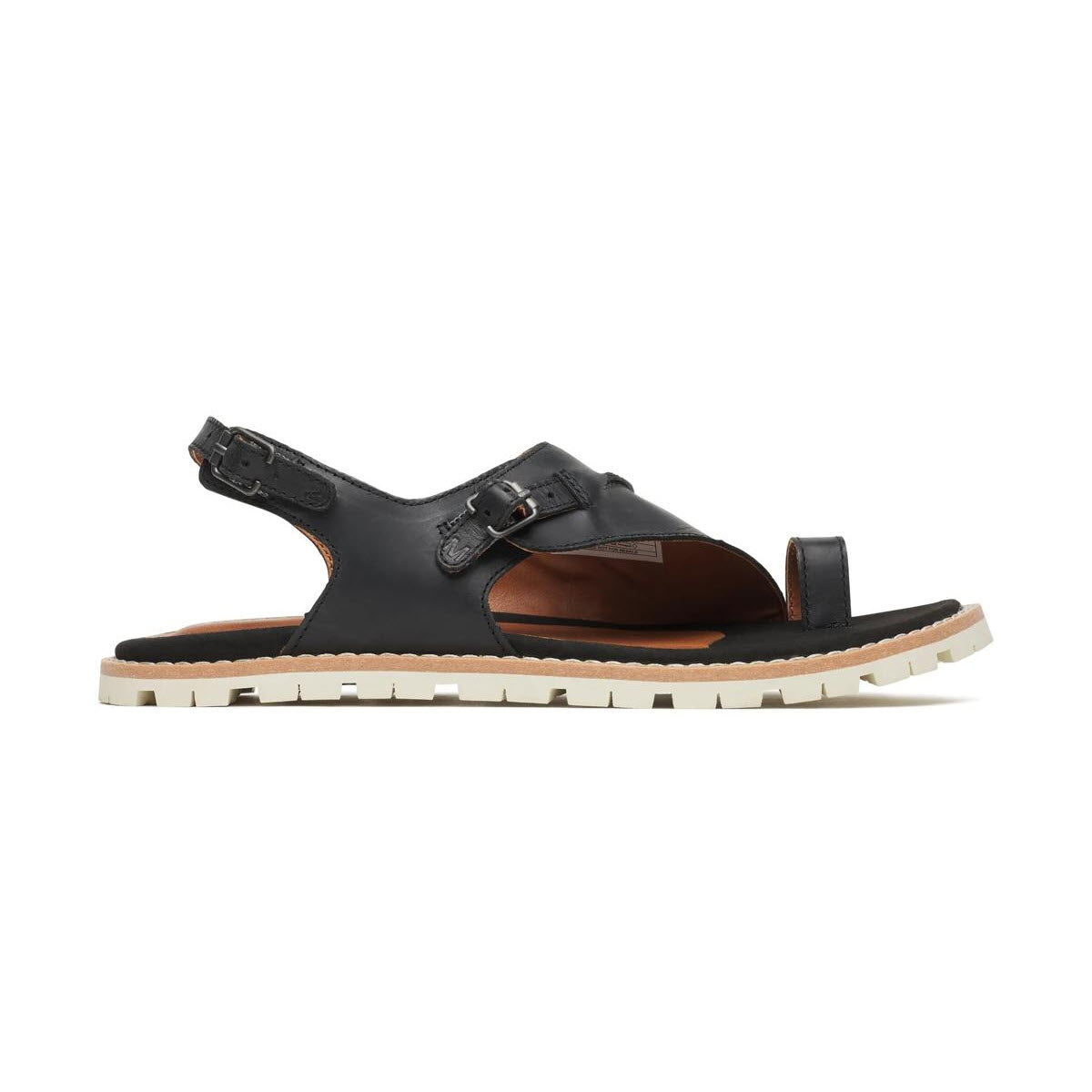 A black leather sandal with a white rugged sole, an open toe loop, adjustable strap, and side cutouts, shown in a side profile view on a plain white background.