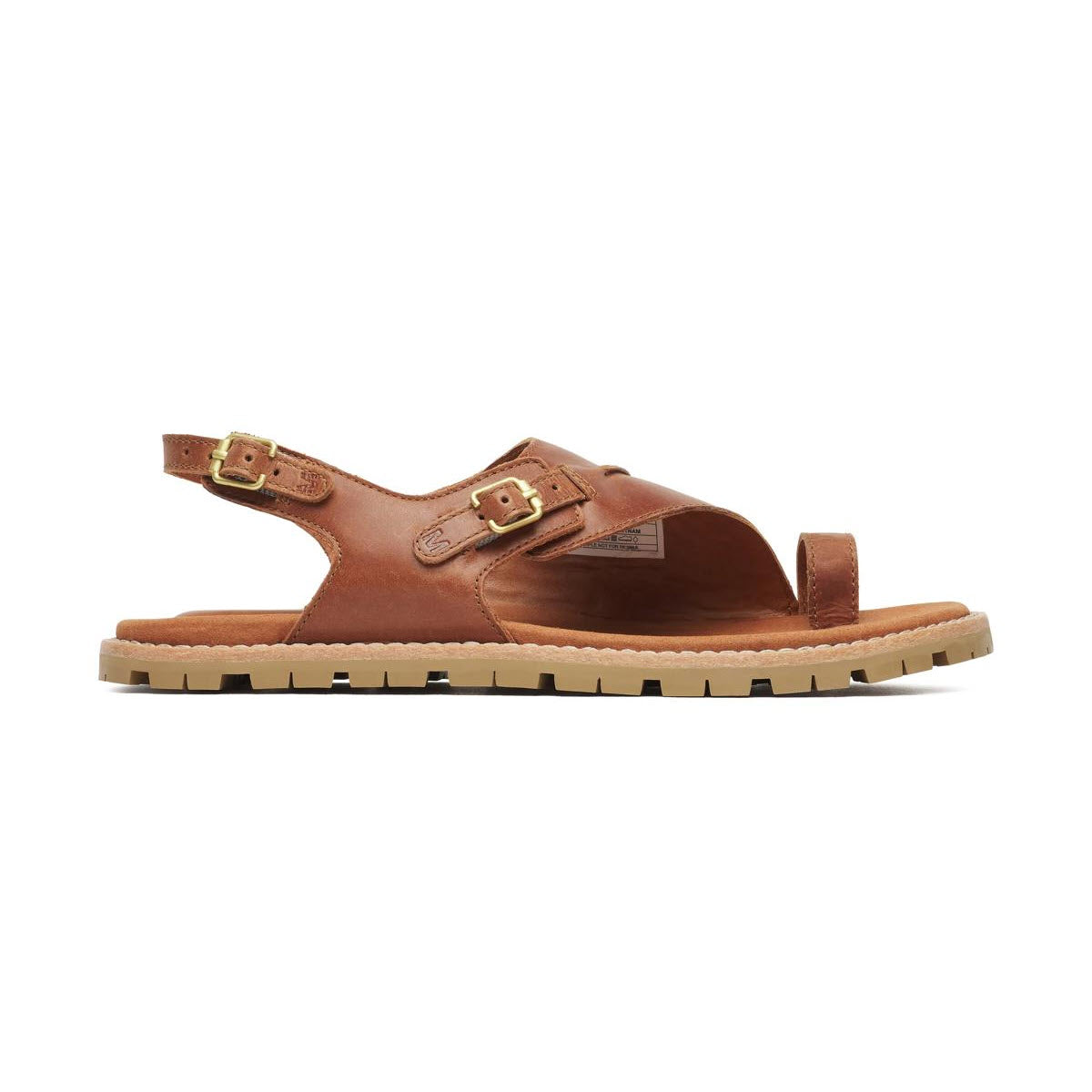 A brown leather sandal with two gold buckles, an open toe design, and a tan rubber sole, shown in a side profile view on a white background.
