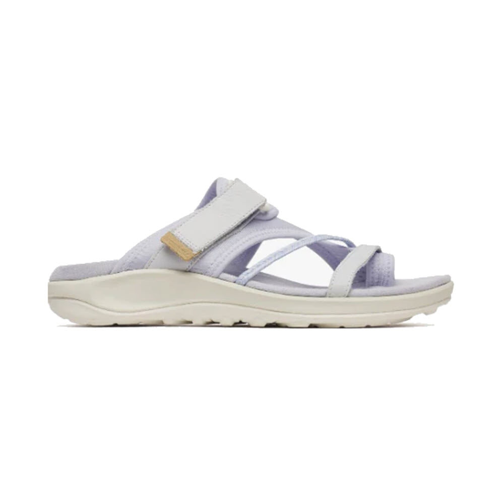 A light grey sporty sandal with an open toe, adjustable Velcro strap, and cushioned sole, shown in a side profile view against a white background.