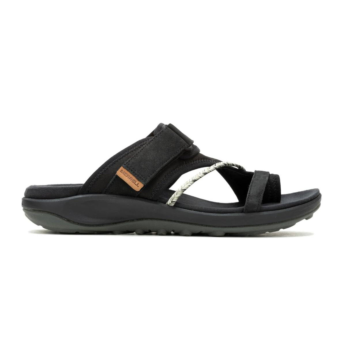 A black open-toe sandal with a contoured sole, adjustable strap across the top, and a small tan tag reading Merrell on the side. The sandal also features a braided detail near the front.