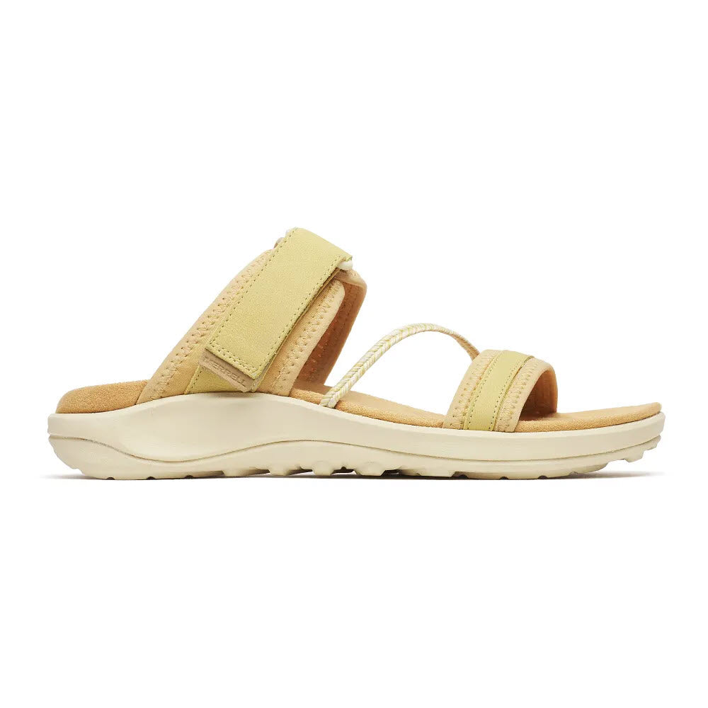 A tan, open-toe sandal with a cushioned sole, adjustable Velcro strap over the arch, and two additional thin straps across the front and midfoot, shown from the side on a white background.