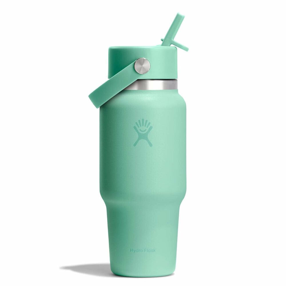 A mint green Hydro Flask water bottle with a flip-up straw lid and carrying handle is shown upright against a plain white background.