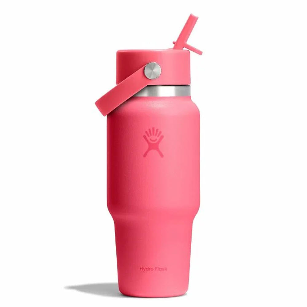 A pink Hydro Flask water bottle with a carry handle and flip straw lid, standing upright on a plain white background.