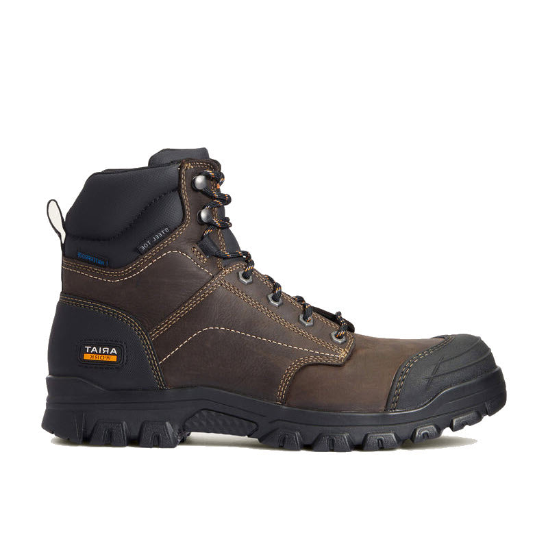 A brown, lace-up work boot with black sole, reinforced toe, and metal eyelets. The boot features contrast stitching and a pull tab at the back, designed for durability and heavy-duty use.