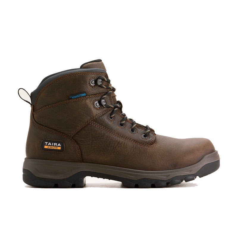 A brown leather hiking boot with black laces, metal eyelets, rugged rubber sole, and a pull loop at the back. The boot features the Ariat Waterproof logo on the side.