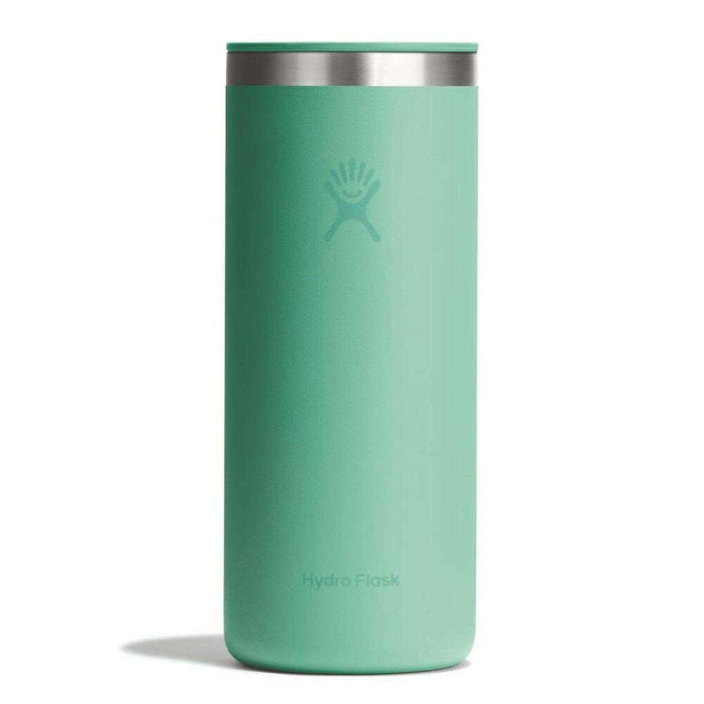 A mint green Hydro Flask tumbler with a stainless steel rim, featuring the brand’s logo near the top and Hydro Flask written near the bottom, standing upright on a plain white background.