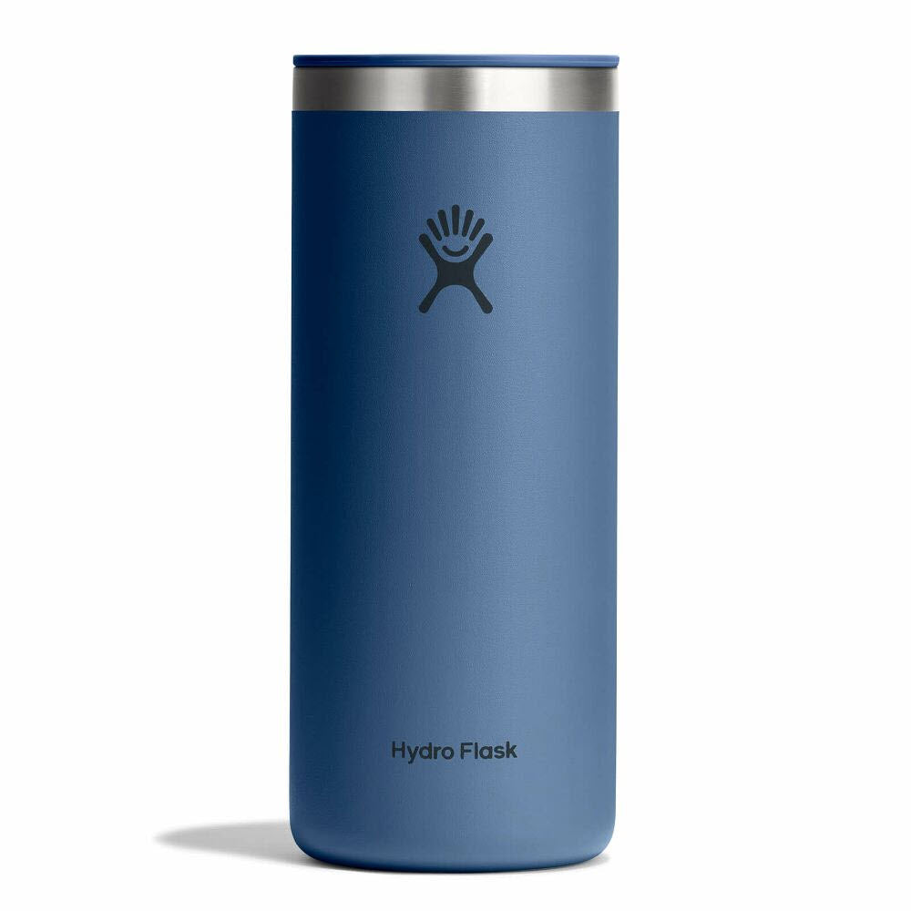 A blue Hydro Flask tumbler with a stainless steel rim and the Hydro Flask logo printed on the front, standing upright on a white background.