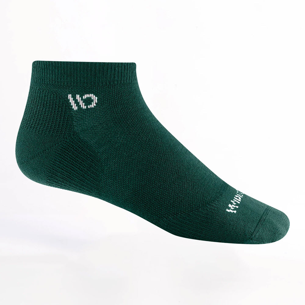 A dark green ankle sock with a white L and S on the side and white text on the toe, displayed against a plain white background.