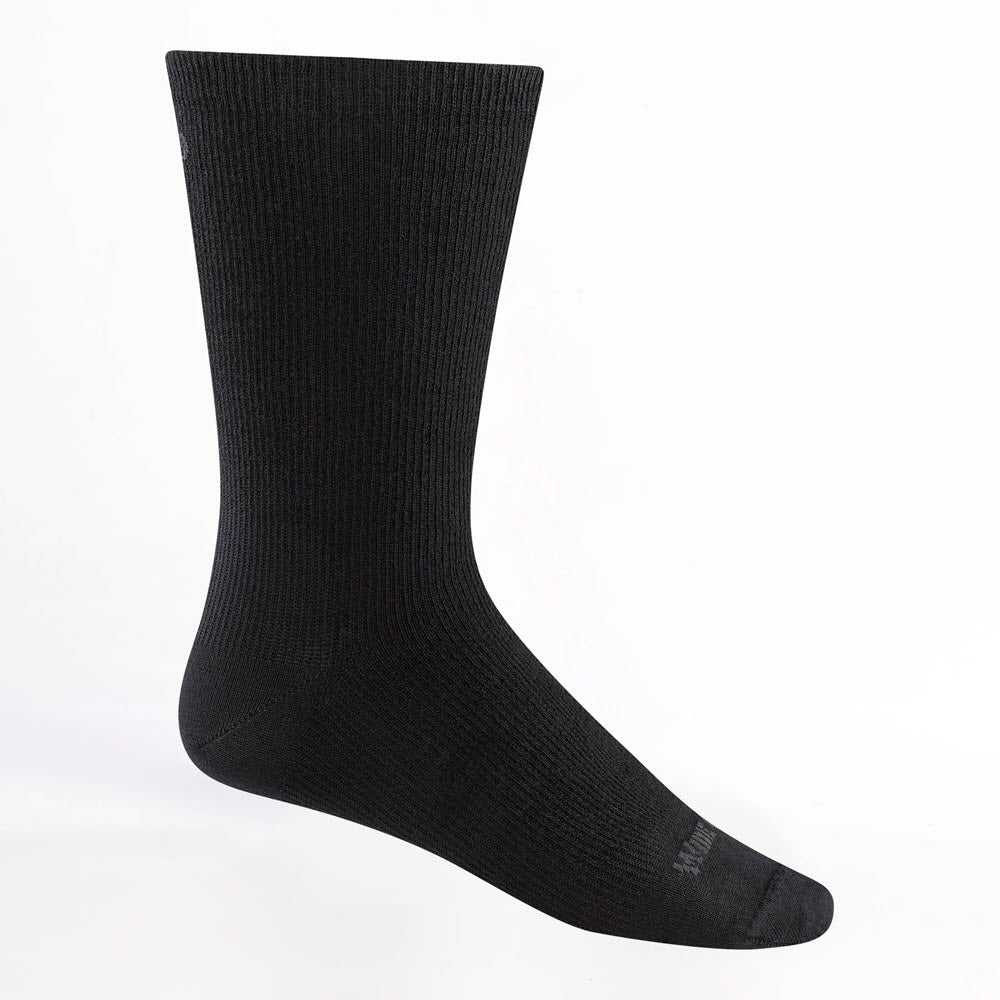 A single black crew sock displayed on a white background, shown from the side with the toe pointing right. The sock has a ribbed texture and a plain design.