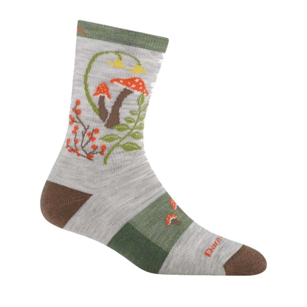 A gray sock with green and brown accents, featuring a colorful design of red mushrooms, green leaves, and orange berries.
