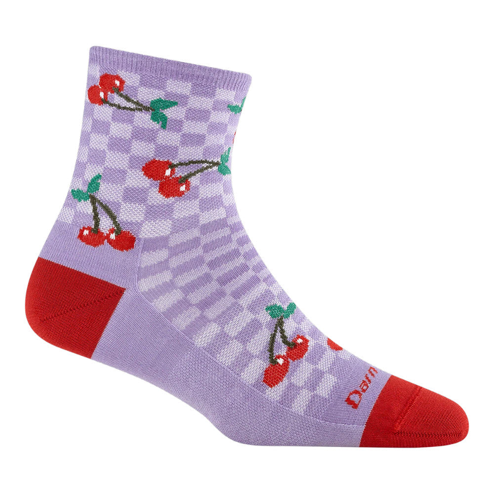 A lavender ankle sock with red toe and heel accents, decorated with a checkered pattern and red cherry illustrations with green stems.