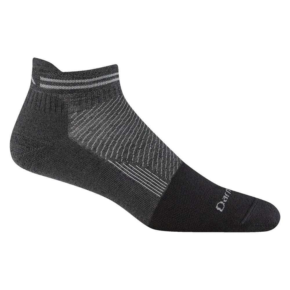 A black and dark gray ankle sock with light gray stripes and mesh-like panels, shown in a side profile on a white background.