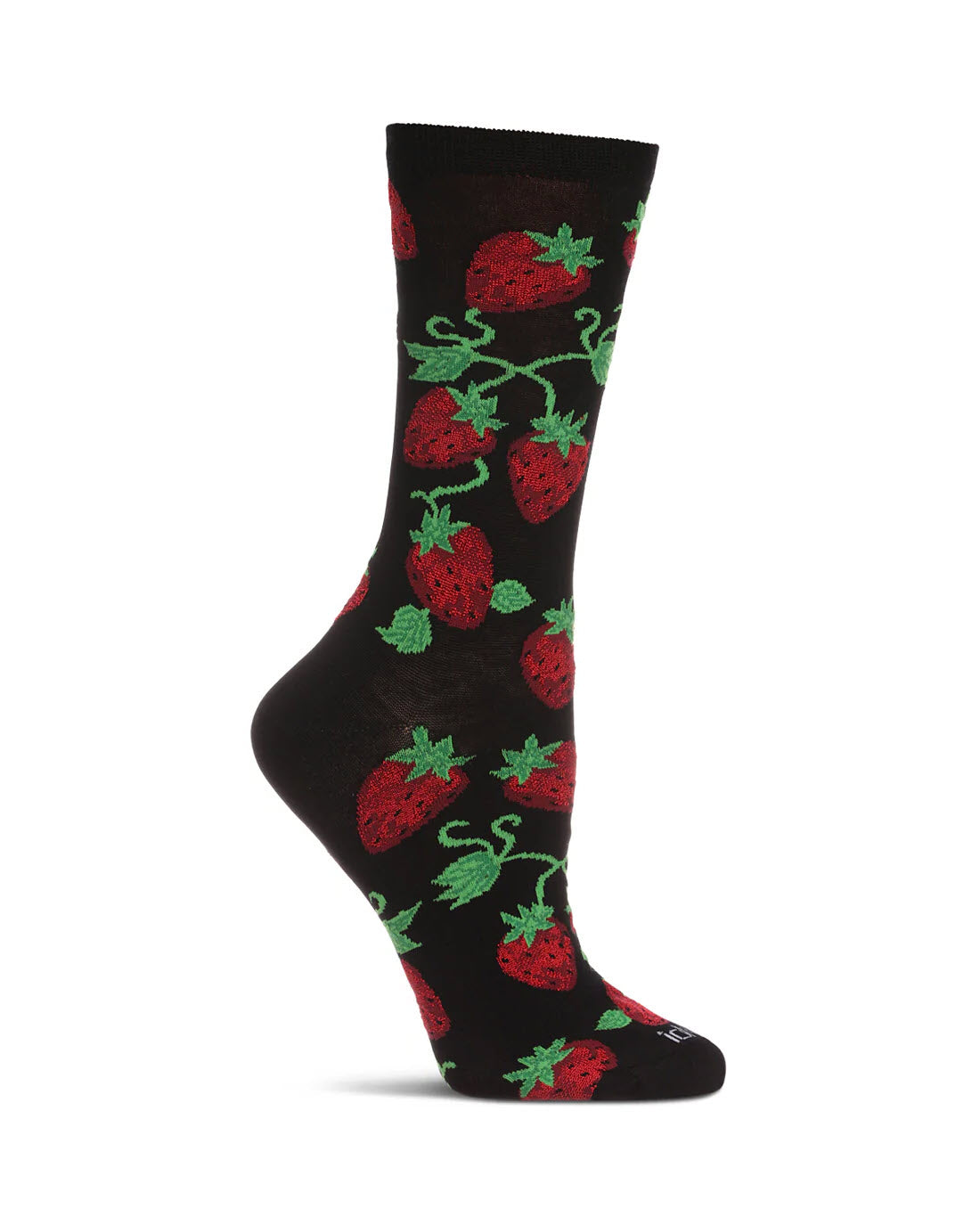 A black sock decorated with a pattern of bright red strawberries and green vines, shown on a leg form against a white background.