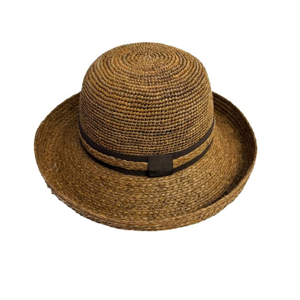 A brown woven straw hat with a round crown and a wide brim, featuring a dark brown band around the base of the crown, set against a white background.