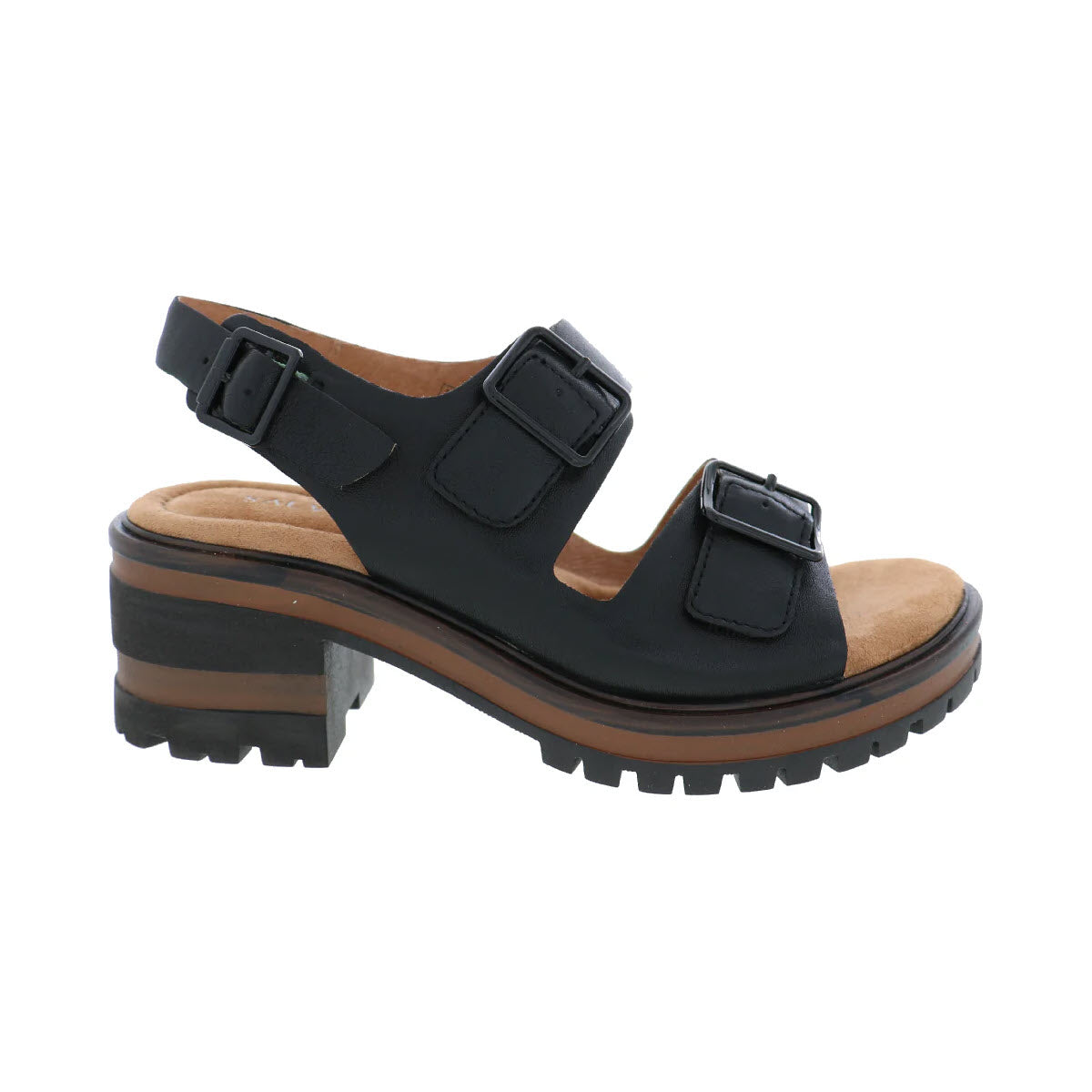 A black sandal with two adjustable buckle straps, a back strap, a chunky brown and black sole, and a low block heel, designed for casual or semi-casual wear.