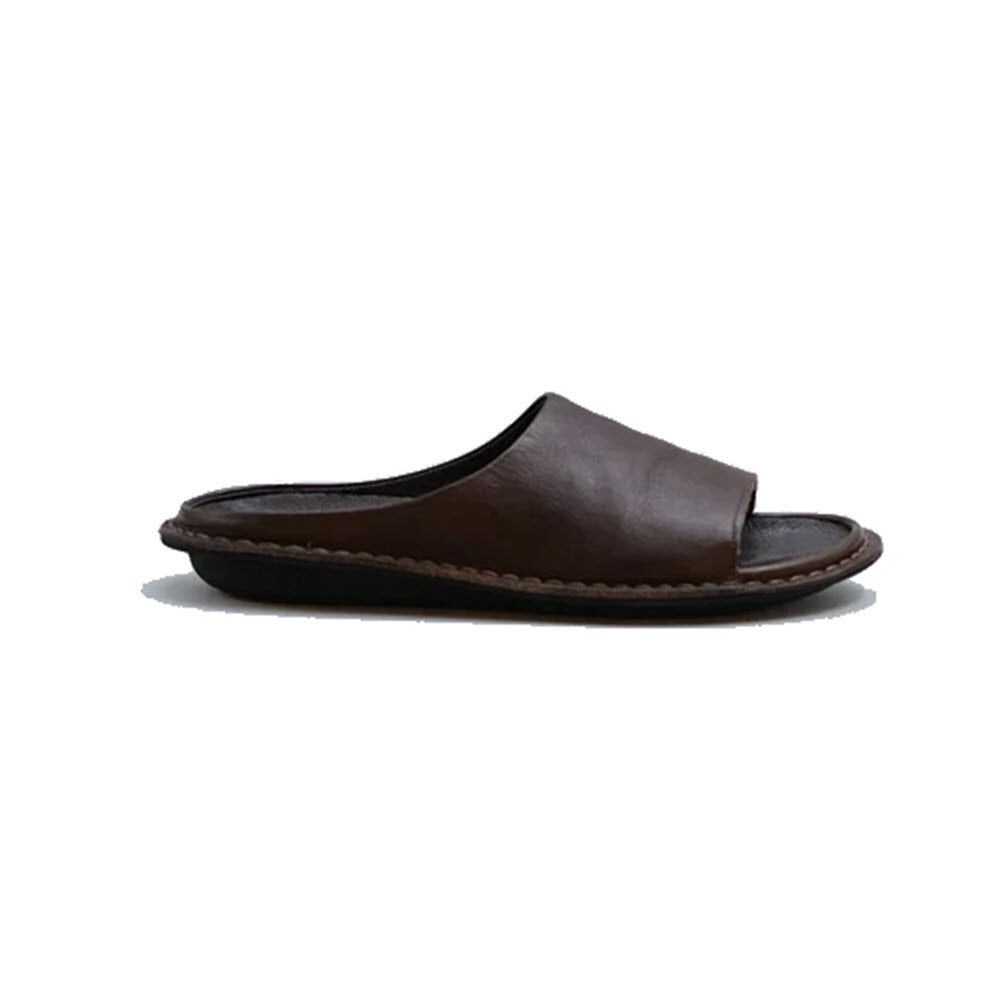 A single dark brown leather slide sandal with an open toe and a low black sole, photographed on a plain white background.