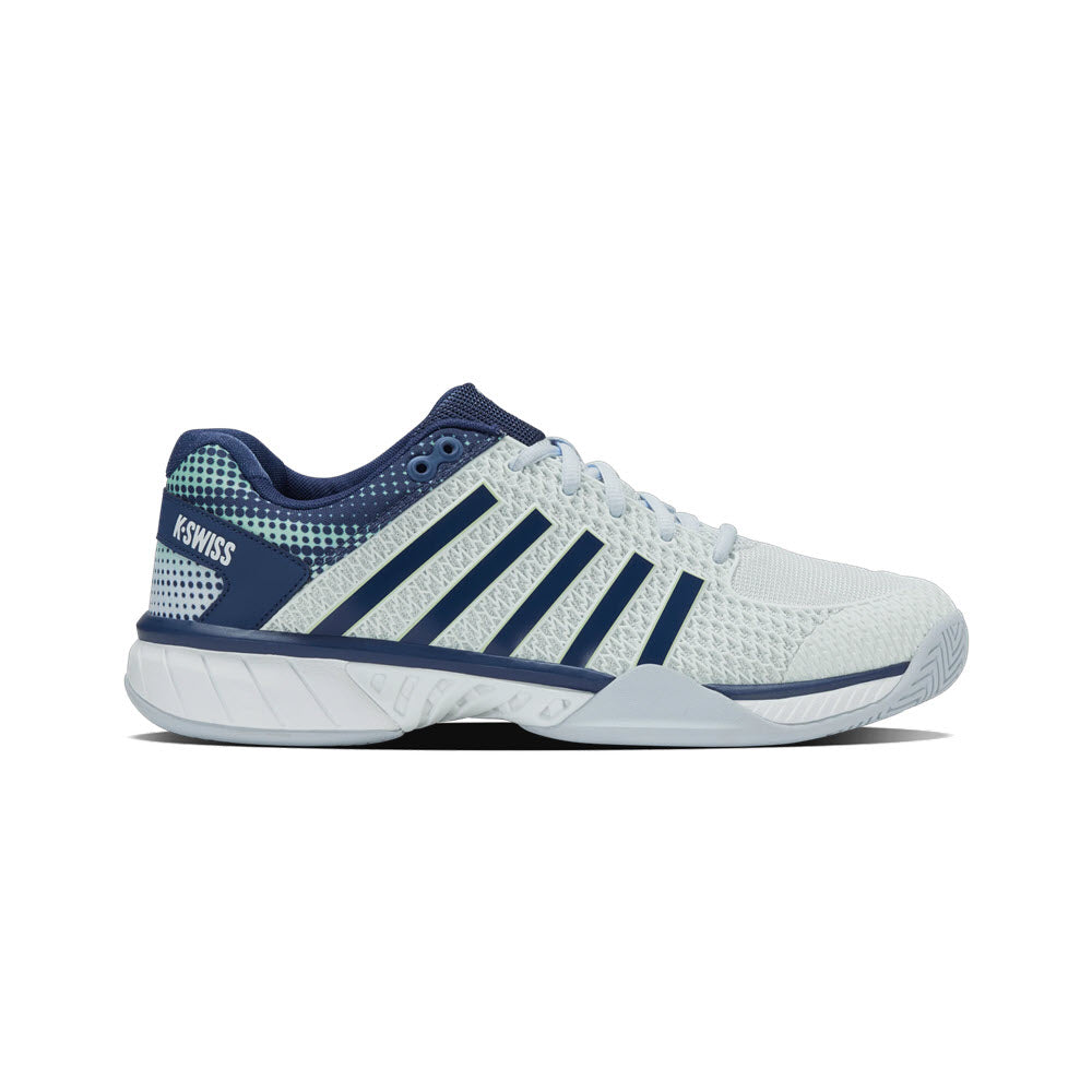 A white and navy blue K-Swiss athletic shoe with mesh fabric, navy accents, and white diagonal stripes on the side, shown in a left side profile on a plain white background.