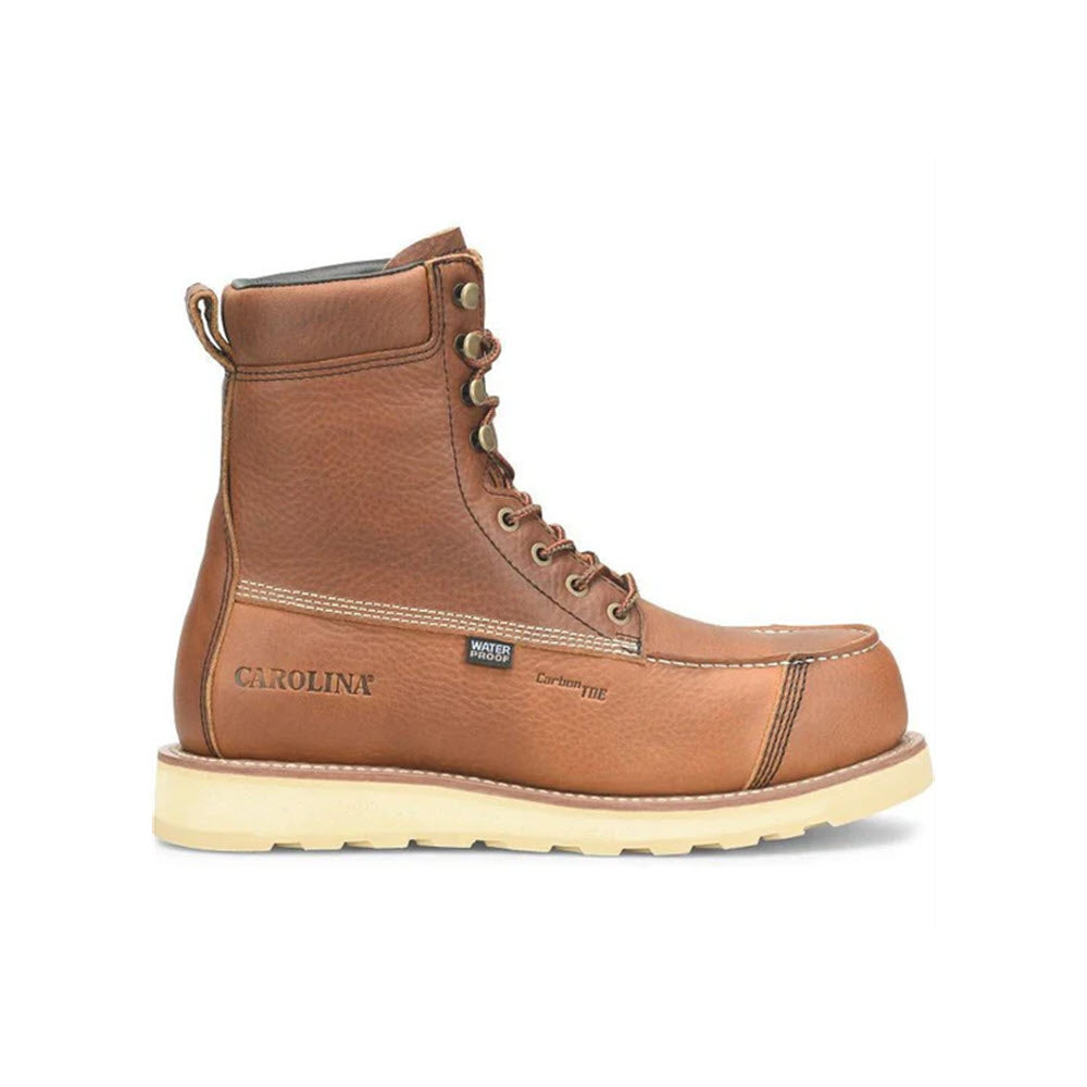 A brown leather work boot with tan stitching, metal eyelets, and a light-colored sole. The boot features the brand name CAROLINA and WATERPROOF on the side. The boot is shown in profile on a white background.