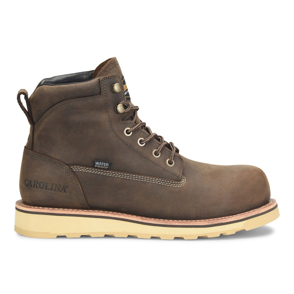 A brown leather work boot with a tan rubber sole, metal eyelets, brown laces, and the word CAROLINA stamped on the heel. The boot also features a small WATERPROOF tag on the side.