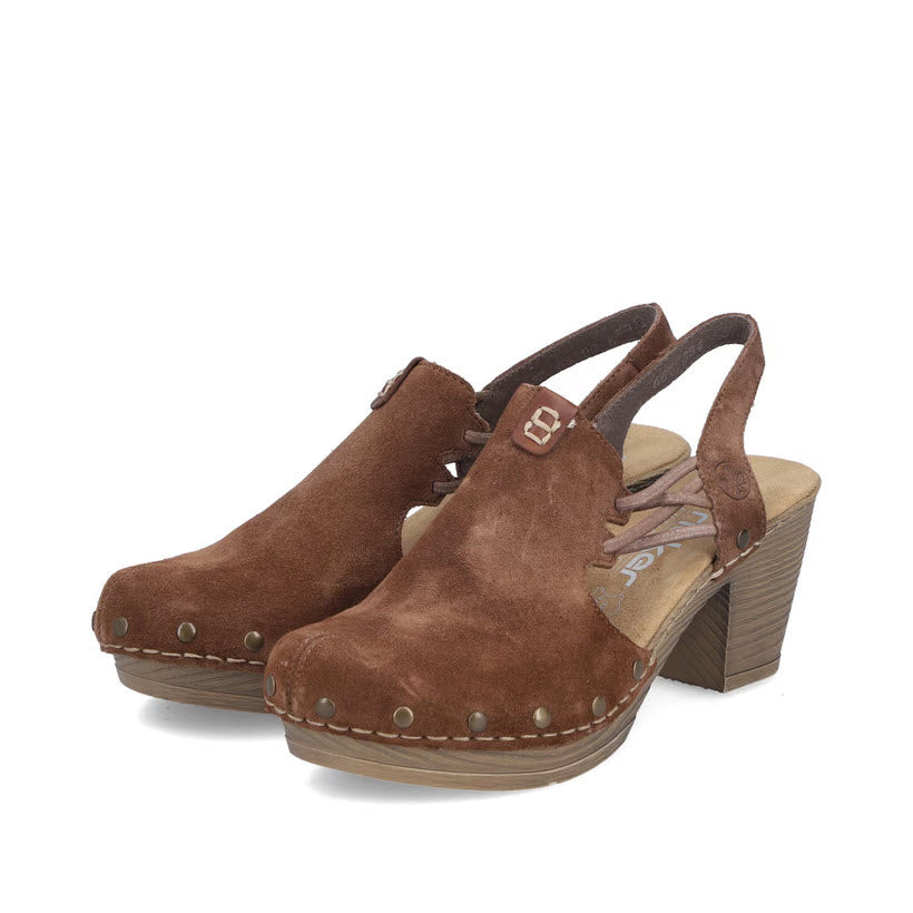 RIEKER RIVETED SUEDE CLOG WOOD AMARETTO - WOMENS