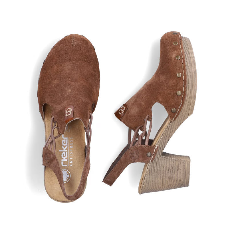 RIEKER RIVETED SUEDE CLOG WOOD AMARETTO - WOMENS