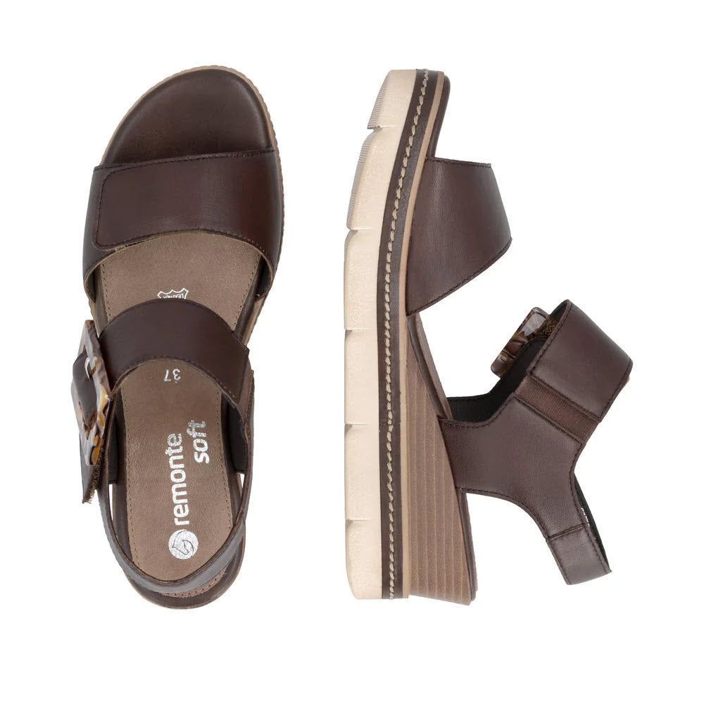 REMONTE SQUARE BUCKLE WEDGE SANDAL BROWN - WOMENS
