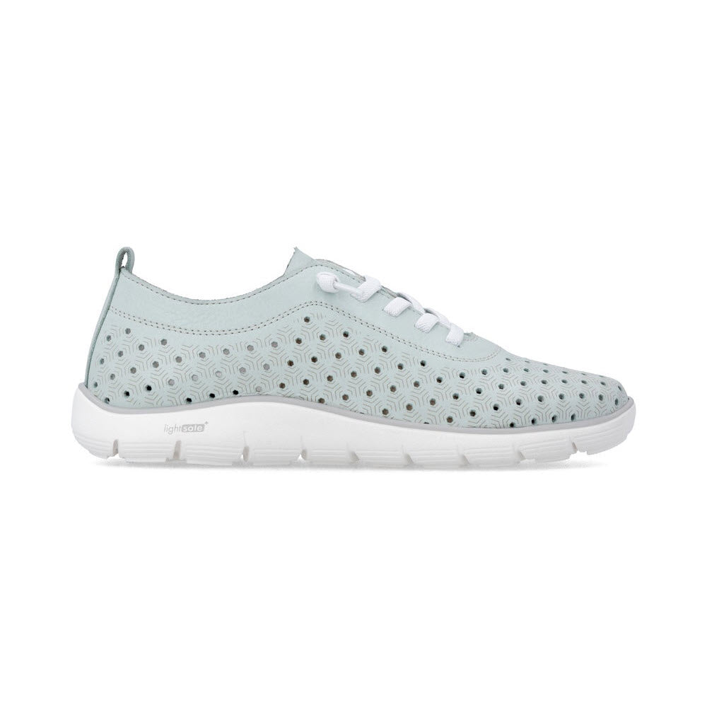 Light blue sneaker with white laces, white sole, and a perforated outer design featuring circular cutouts. The shoe has a pull tab at the heel and a lightweight, cushioned sole.