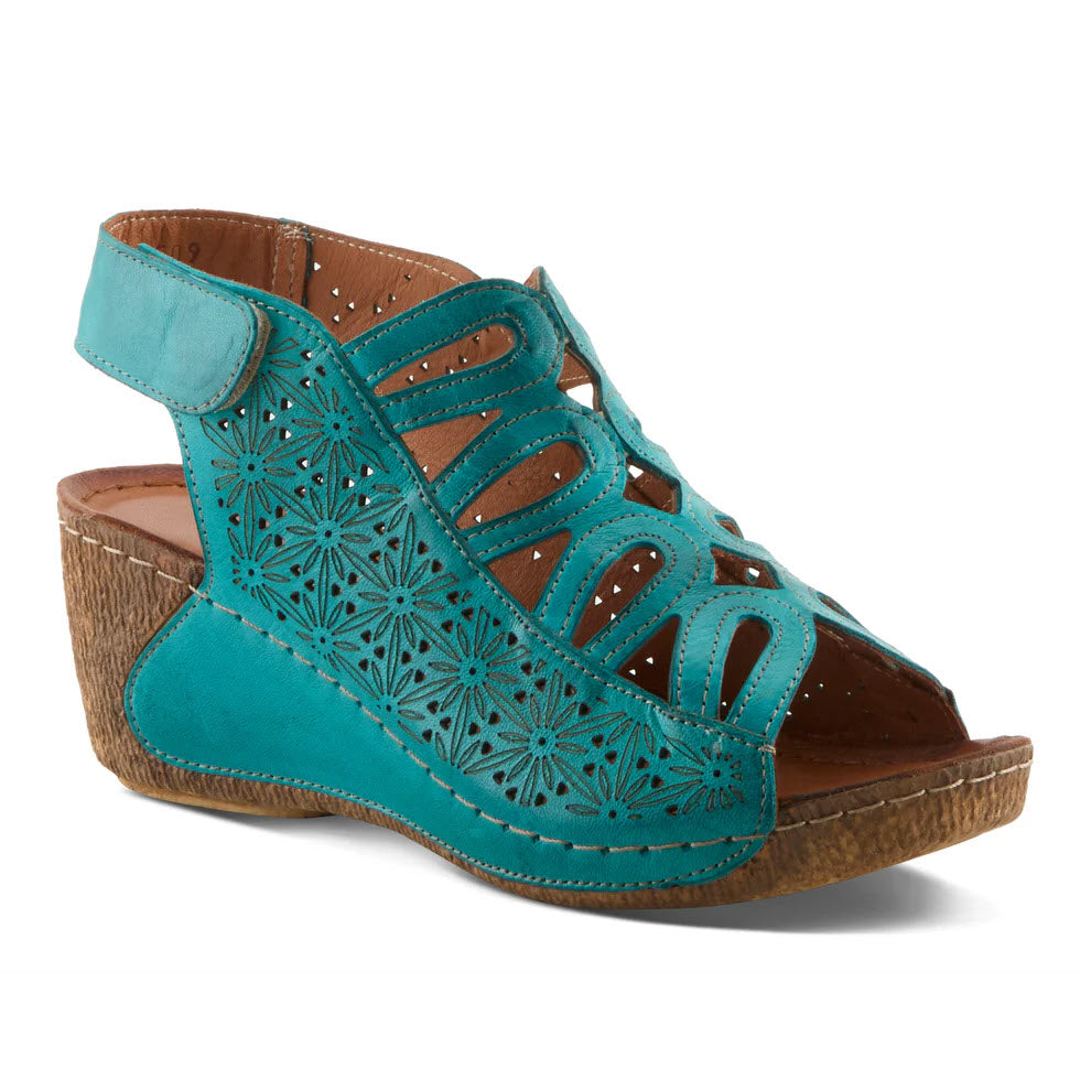 SPRING STEP INOCENCIA FLORAL CUTOUT WEDGE SANDAL TURQOISE - WOMENS