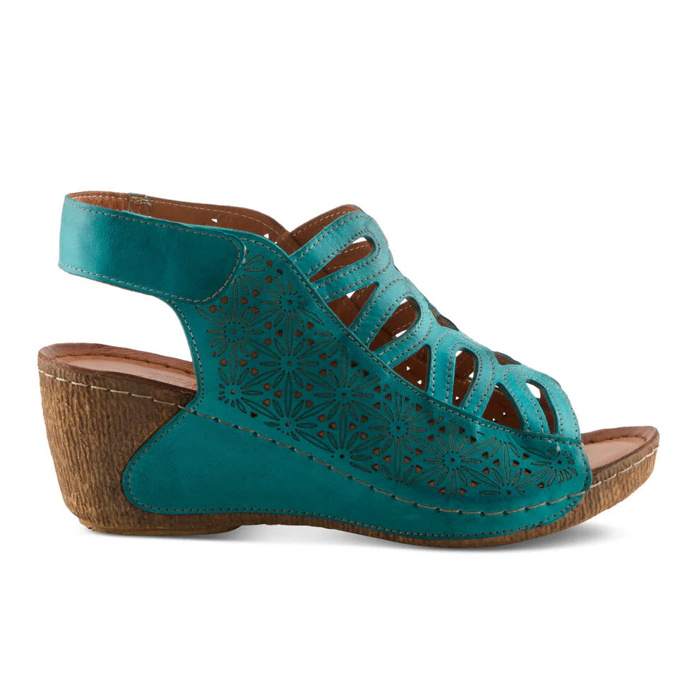 SPRING STEP INOCENCIA FLORAL CUTOUT WEDGE SANDAL TURQOISE - WOMENS