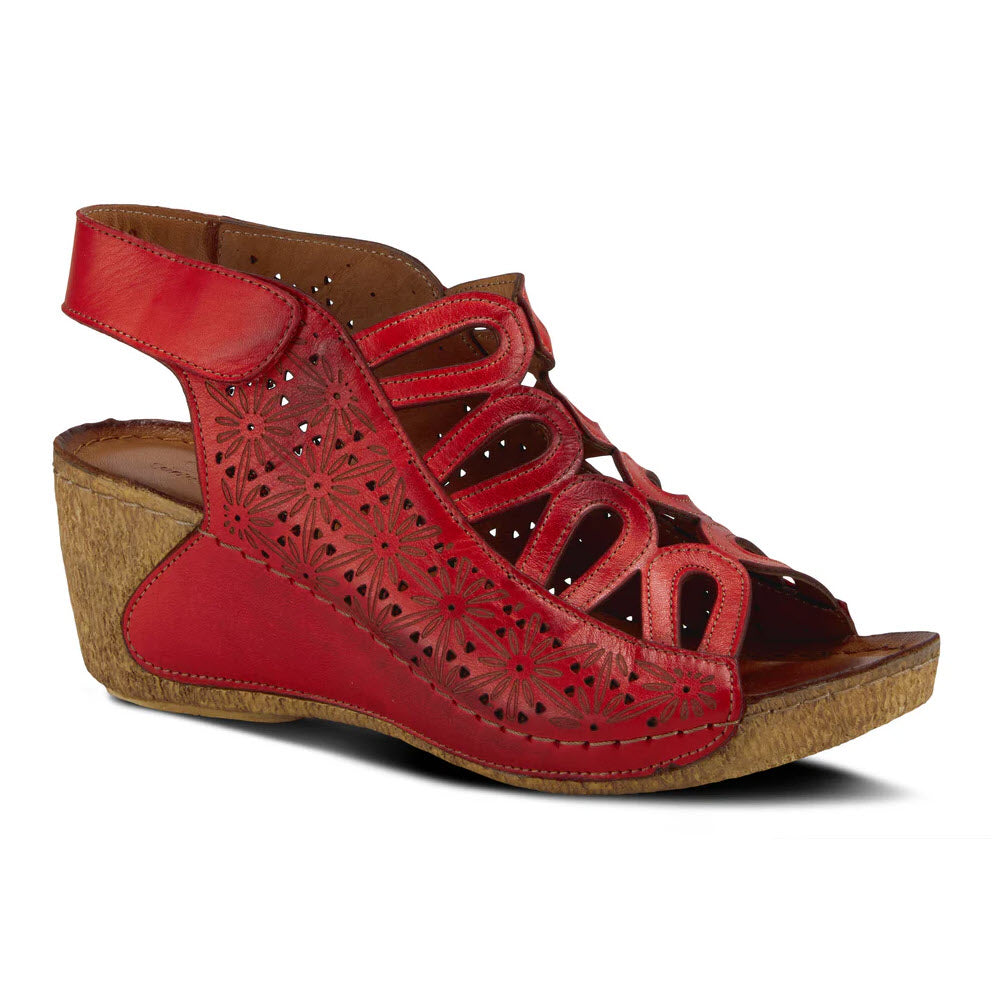 SPRING STEP INOCENCIA FLORAL CUTOUT WEDGE SANDAL RED - WOMENS