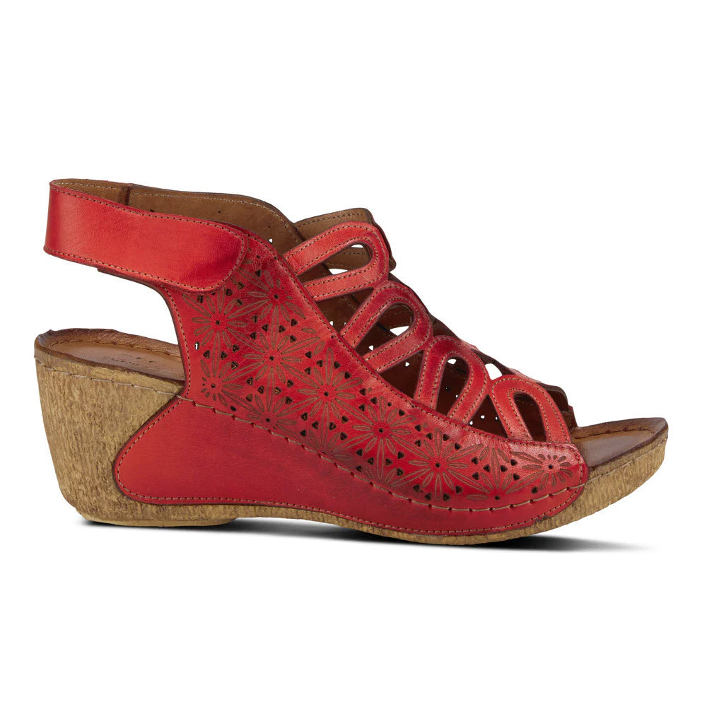 SPRING STEP INOCENCIA FLORAL CUTOUT WEDGE SANDAL RED - WOMENS
