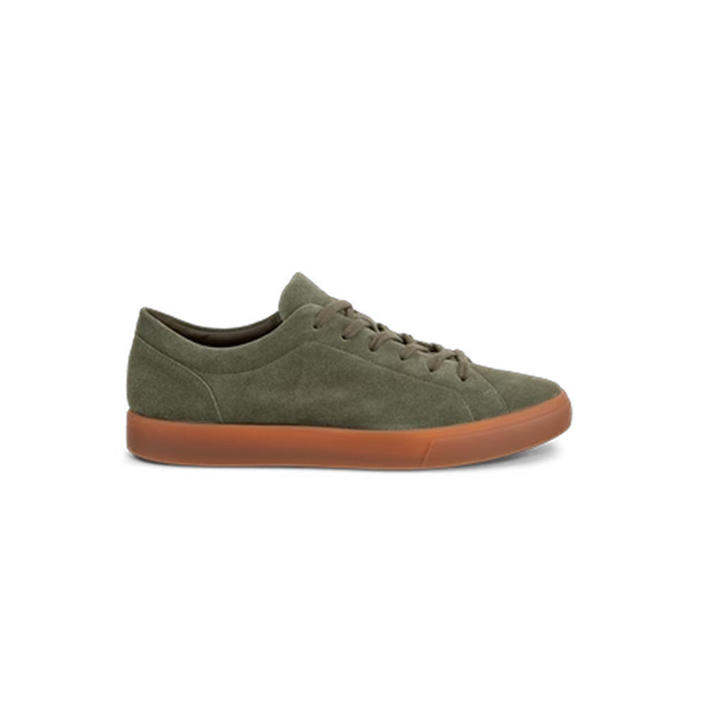 A green suede low-top sneaker with matching green laces and a light brown rubber sole, shown in profile against a white background.