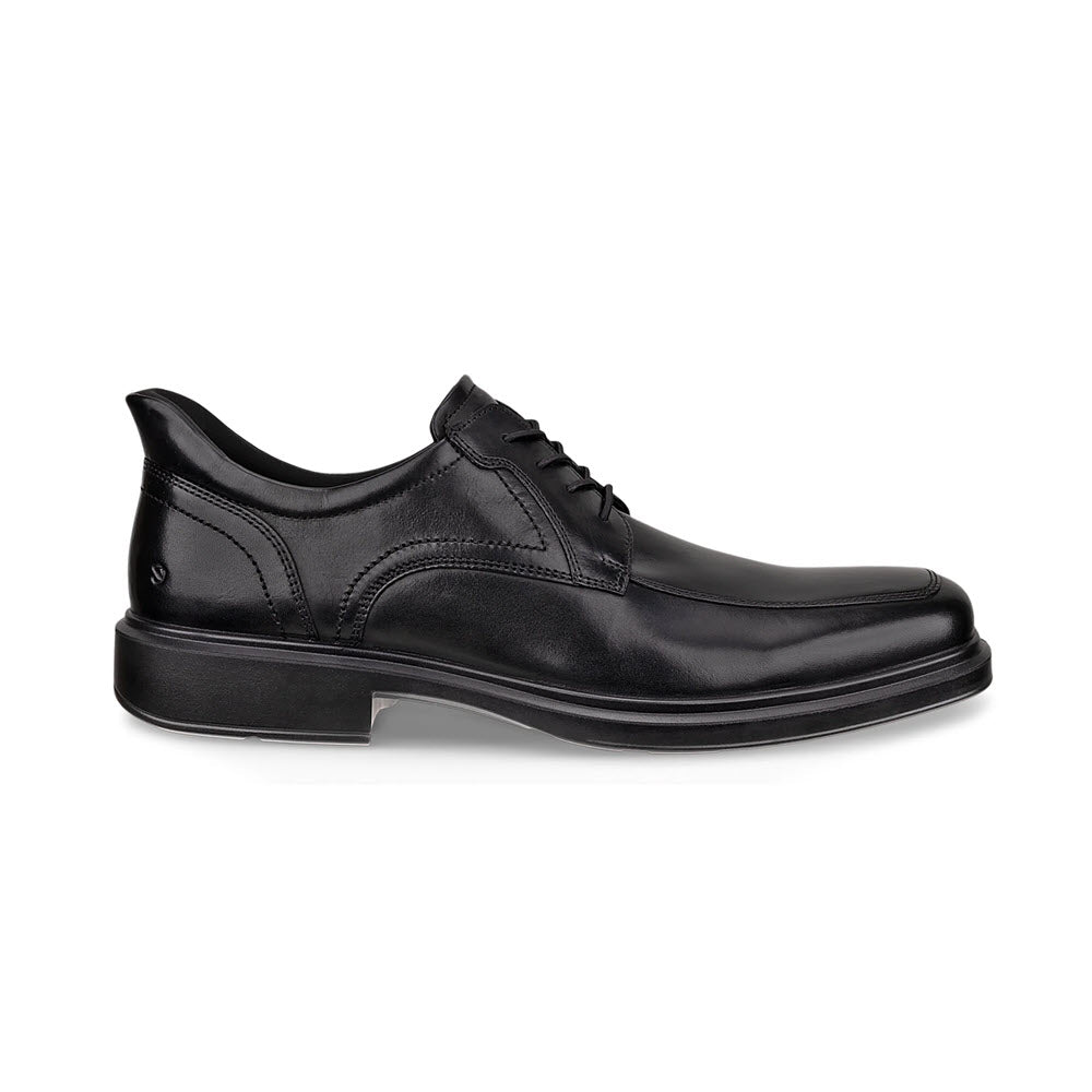 A black leather dress shoe with lace-up closure, low heel, and subtle stitching details, displayed in a side view on a white background.