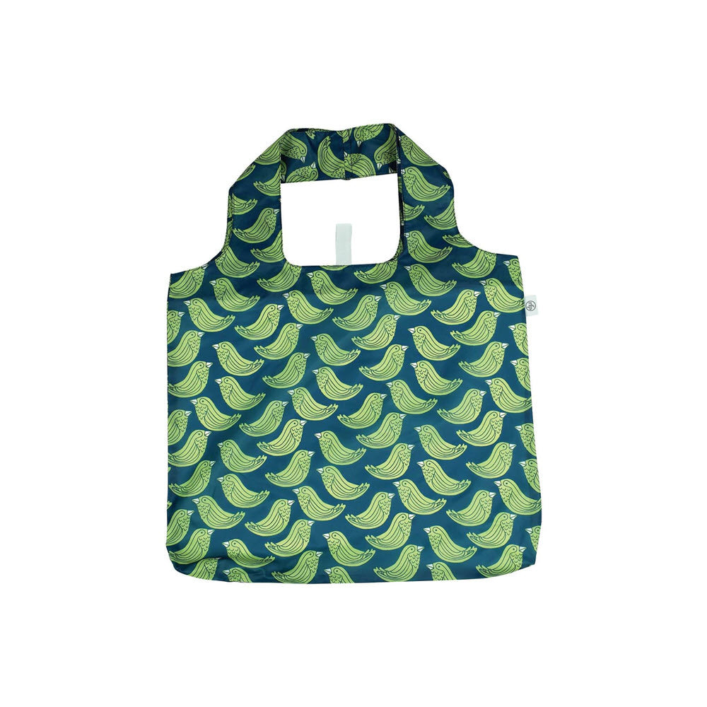 A reusable shopping bag with a dark green background and a repeating pattern of yellow-green stylized birds facing right. The bag has short handles and is rectangular in shape.