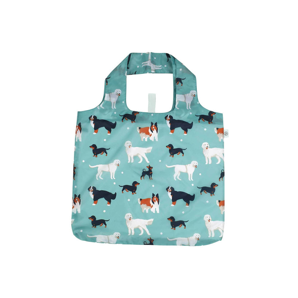 A reusable tote bag with a light blue background, decorated with illustrations of various dog breeds in different poses and colors.