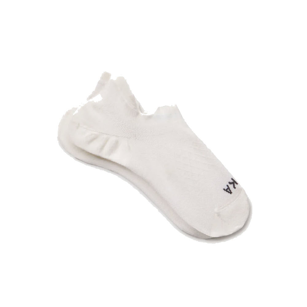 A single white sock with a low-cut design and a slightly ruffled top edge, lying on a white background. The letters KA are printed in black near the toe area.