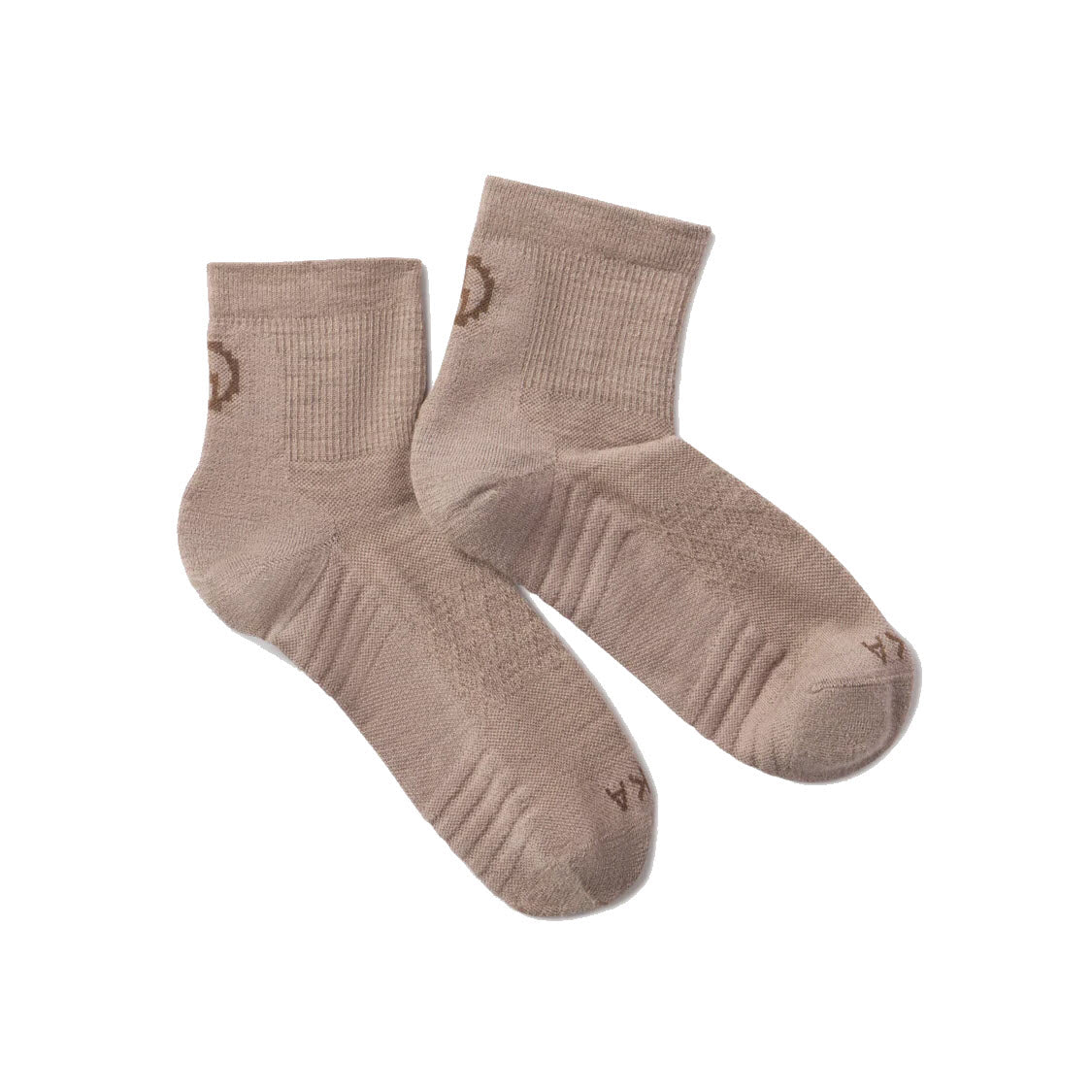 A pair of light brown ankle socks with ribbed cuffs, subtle textured patterns, and small dark brown logo details near the top and toes, displayed on a white background.