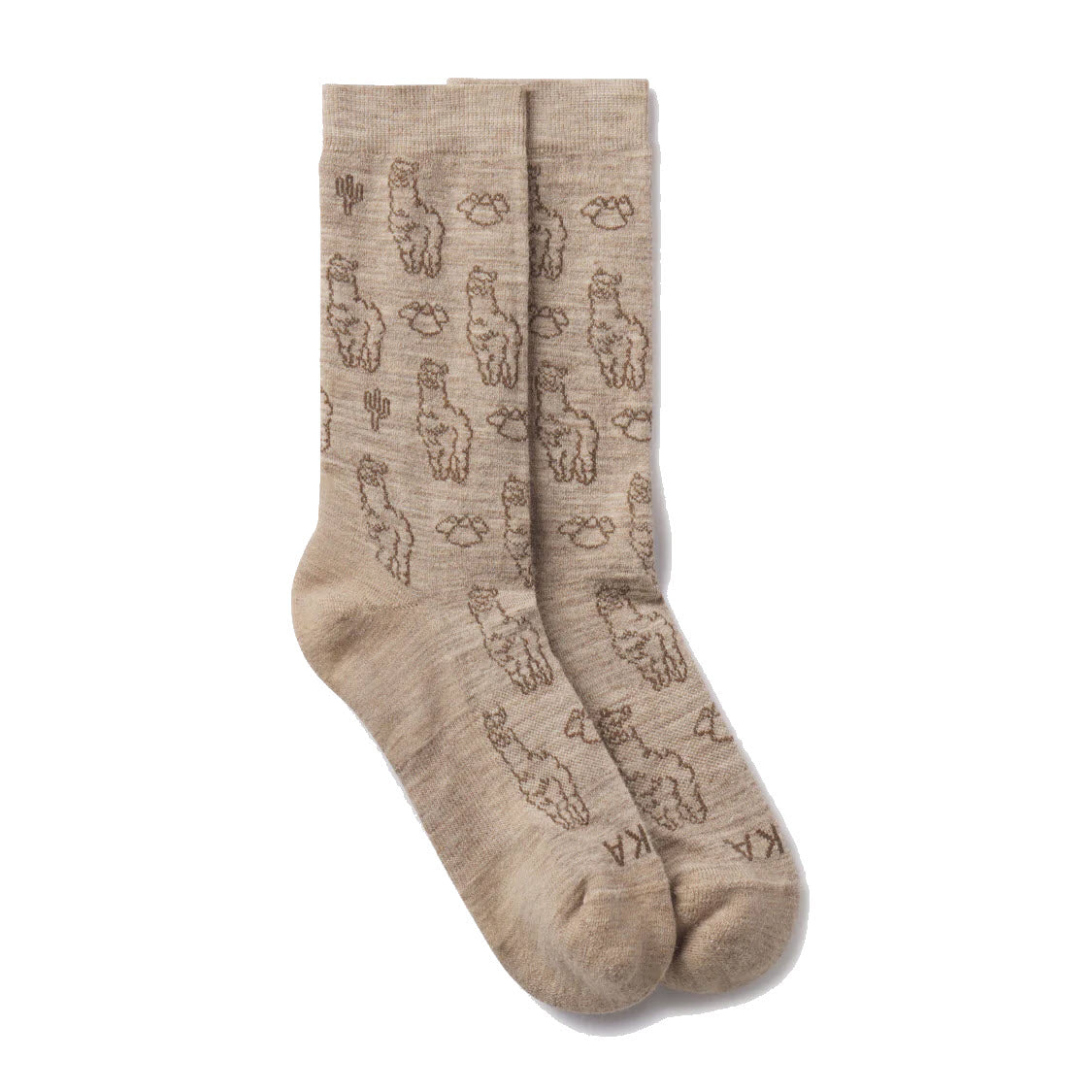 A pair of beige socks featuring brown outlined llama and cactus patterns, arranged in a repeating design across the fabric.