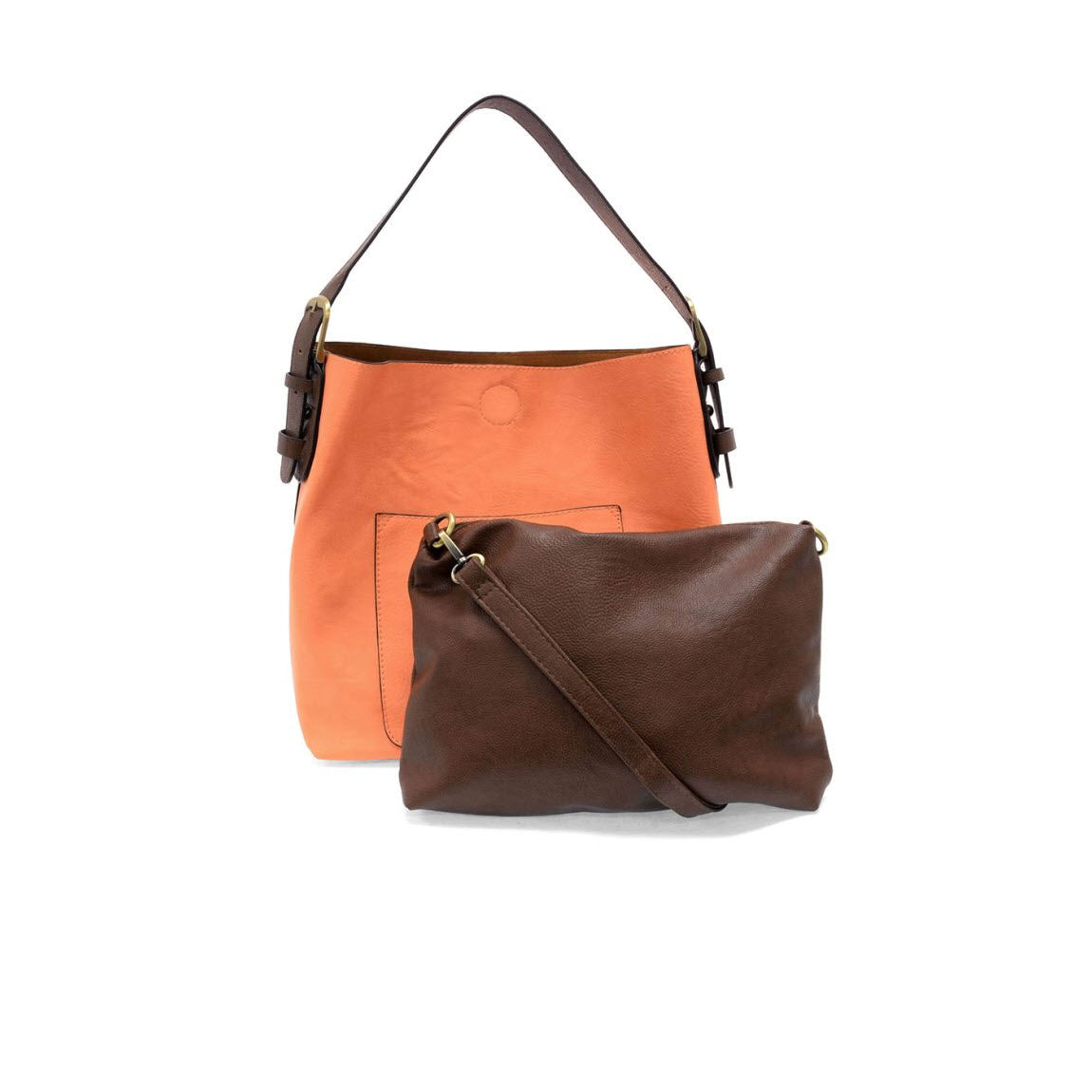 Two leather handbags: one larger light brown tote bag with a dark brown strap and front pocket, and one smaller dark brown crossbody bag with a matching strap, displayed on a white background.