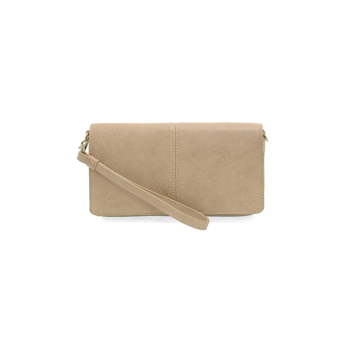 A beige, rectangular clutch purse with a matching wrist strap, displayed against a plain white background. The clutch has a simple and minimalist design with subtle stitching detail.