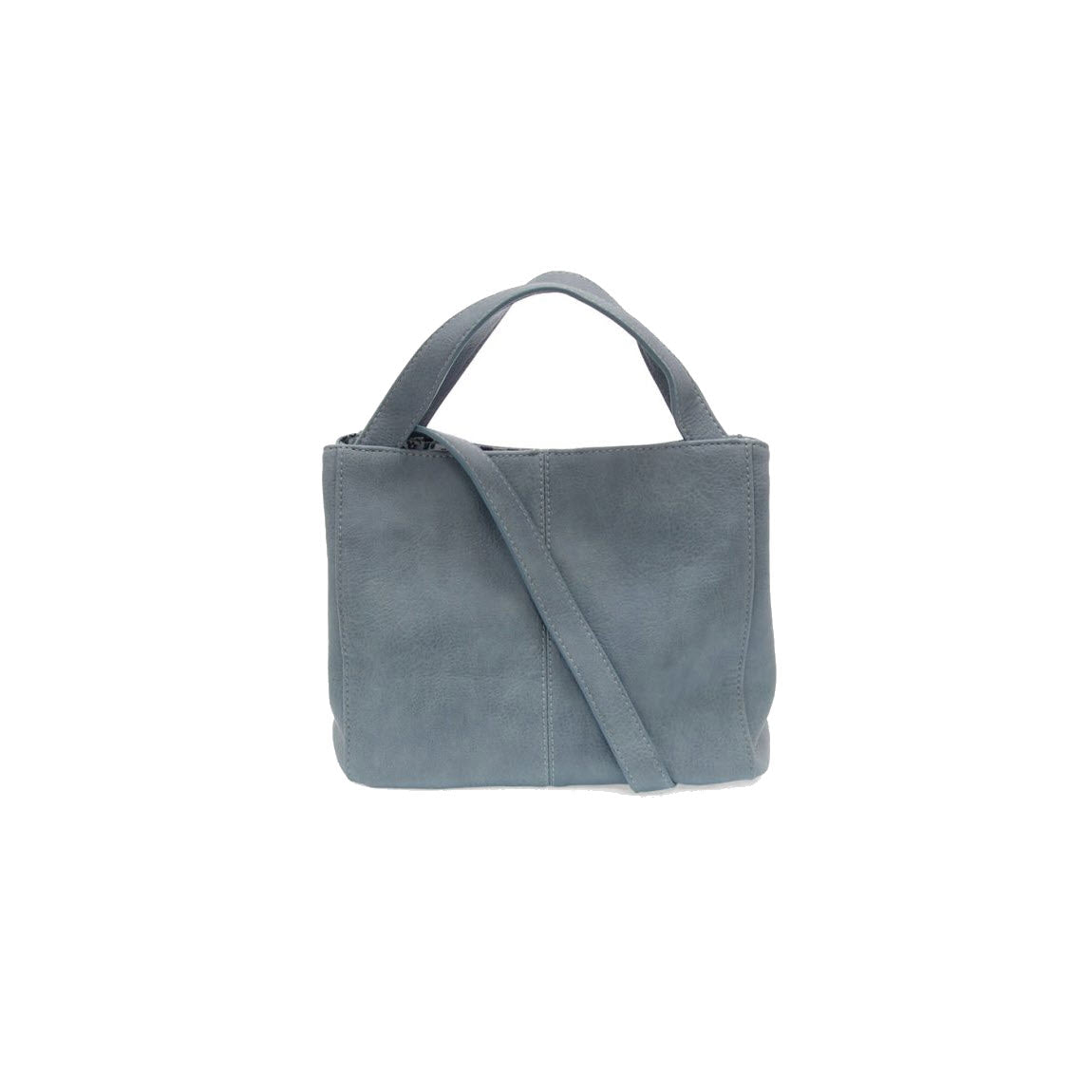 A soft, light blue leather handbag with short handles and a long shoulder strap, displayed against a plain white background.