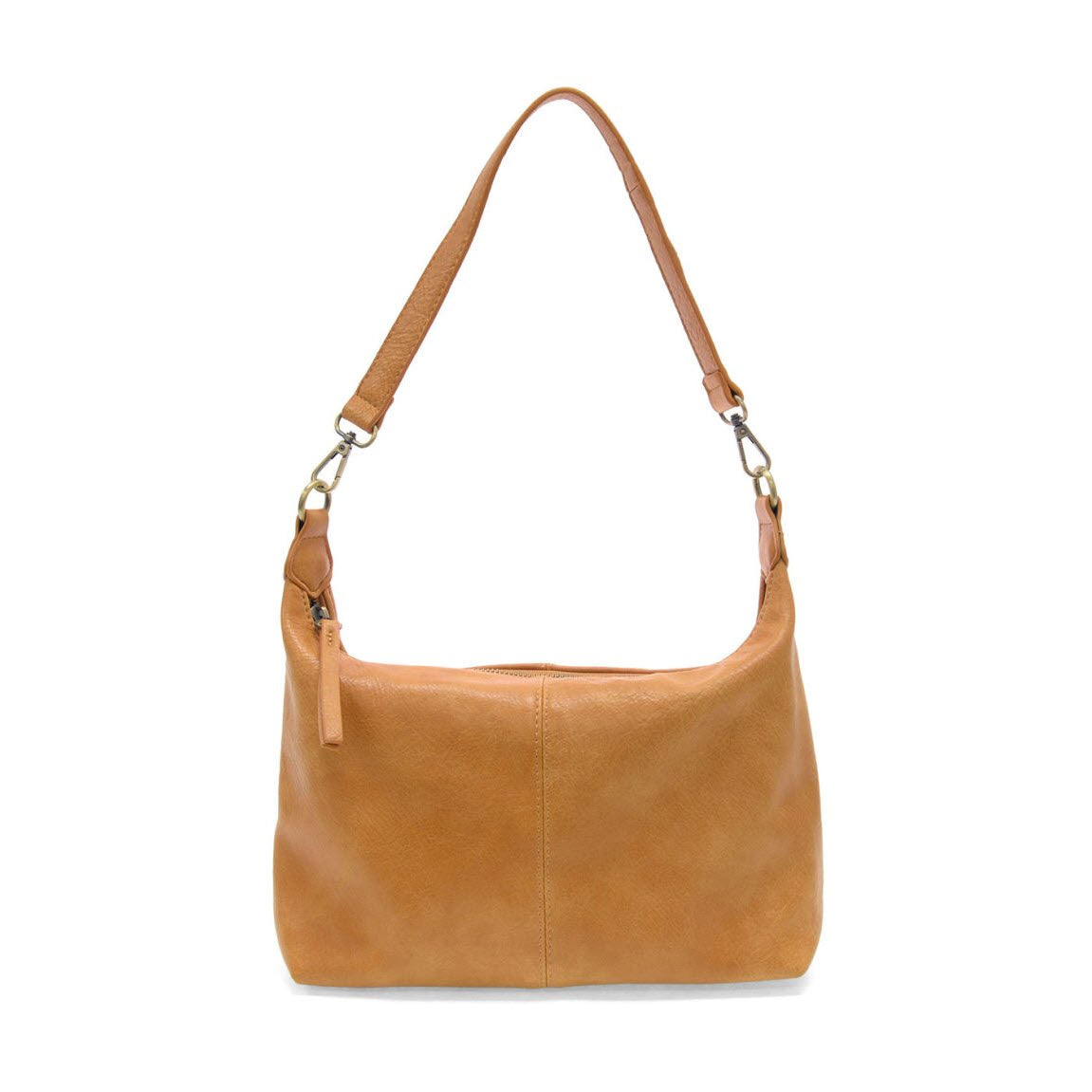 A tan leather shoulder bag with a wide strap and metal clasps on each side, featuring a zipper closure on top. The bag has a simple, minimalist design and is displayed against a white background.