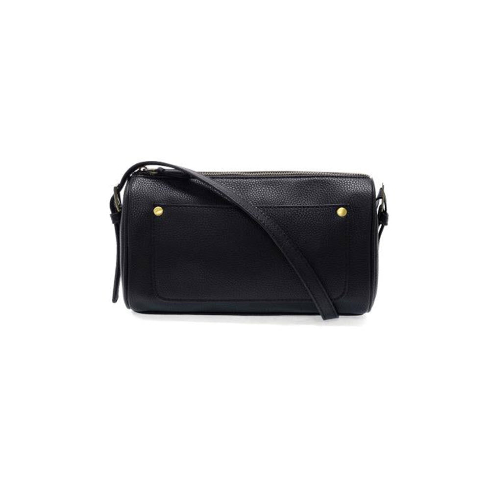 A black leather crossbody bag with a front pocket, gold-tone rivets, and an adjustable shoulder strap, displayed against a white background.