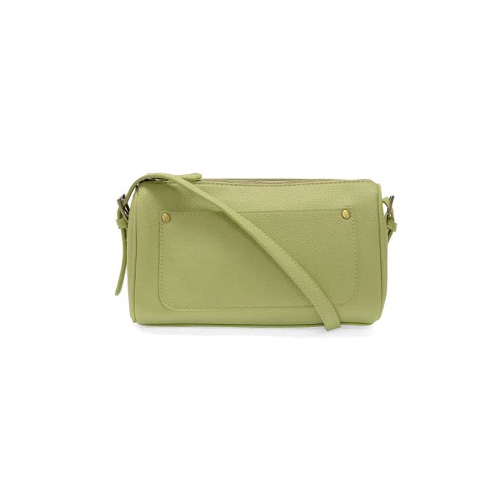 A light green rectangular leather handbag with a long shoulder strap, gold-tone studs on the front, and a front pocket detail, displayed against a plain white background.