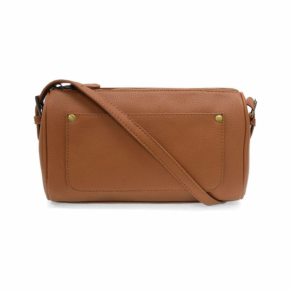 A medium-sized, rectangular brown leather crossbody bag with a long strap, front slip pocket, and gold-tone rivet accents on the corners.