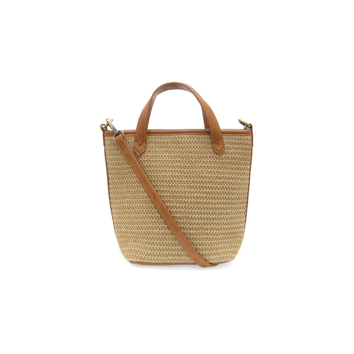 A small woven straw tote bag with brown leather handles and a matching brown leather shoulder strap, displayed against a white background.