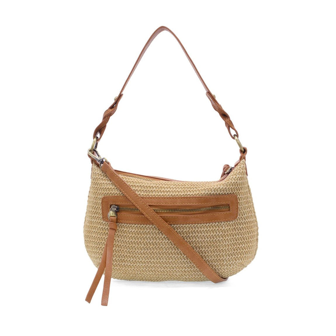 A woven straw handbag with brown leather accents, featuring a front zip pocket, a shoulder strap, and a detachable crossbody strap, displayed on a white background.
