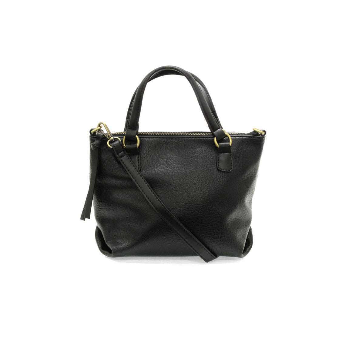 A black leather handbag with a zipper closure, two short handles, and a long adjustable shoulder strap, displayed against a plain white background.