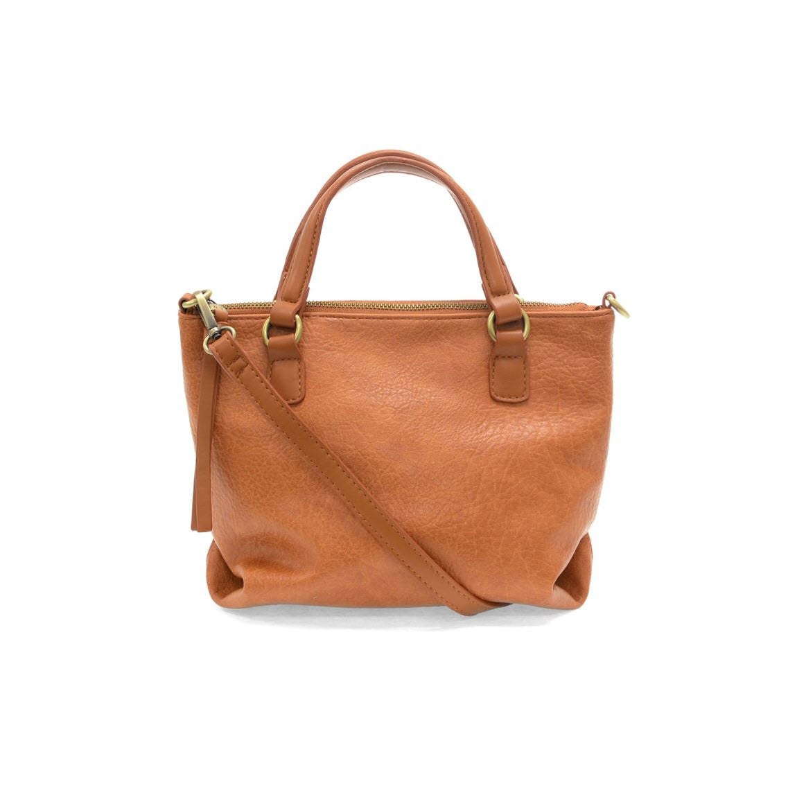 A small, brown leather handbag with two short handles and a long, adjustable shoulder strap, featuring gold-tone hardware and a zippered top opening.